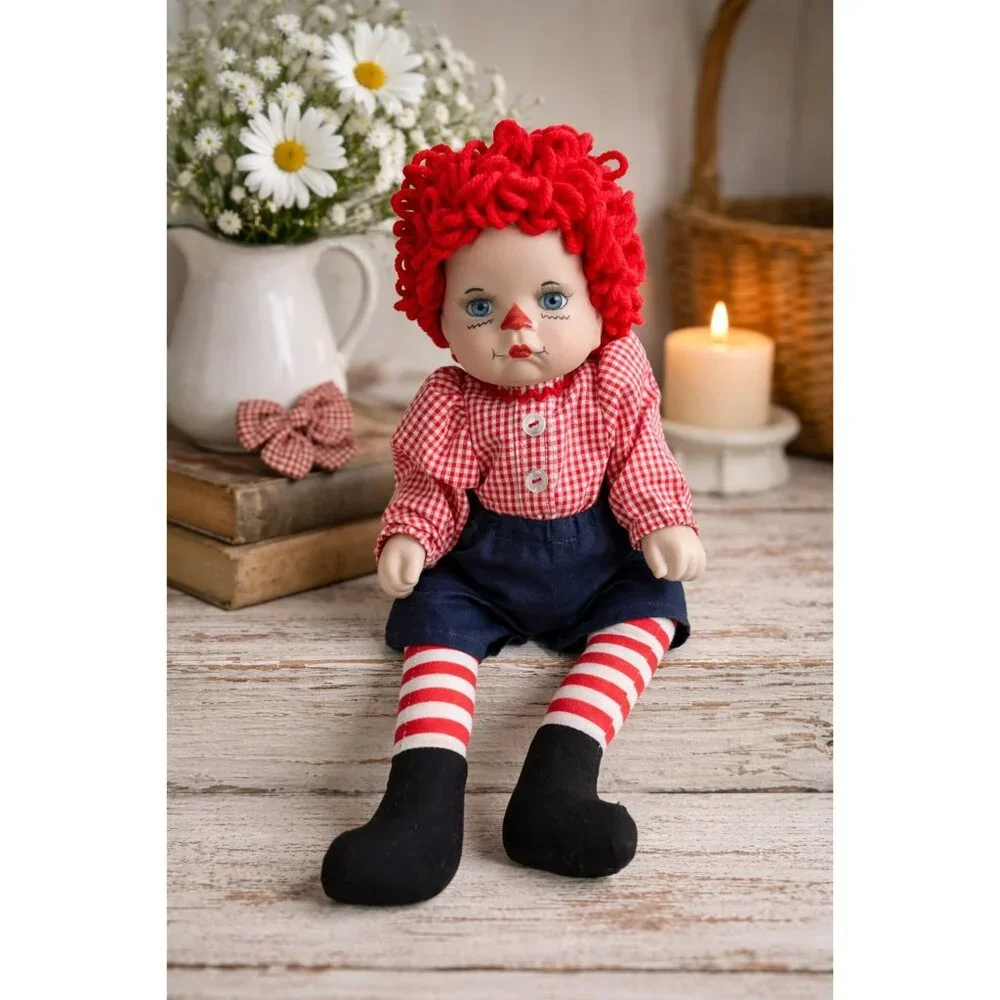 Vintage Porcelain Raggedy Style Doll 12 Inch Yarn Hair Cloth Body Red Gingham Ou